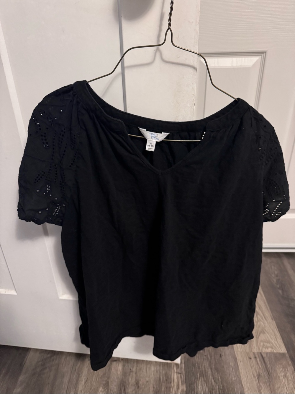 Time and Tru Black Eyelet Short Sleeve Top